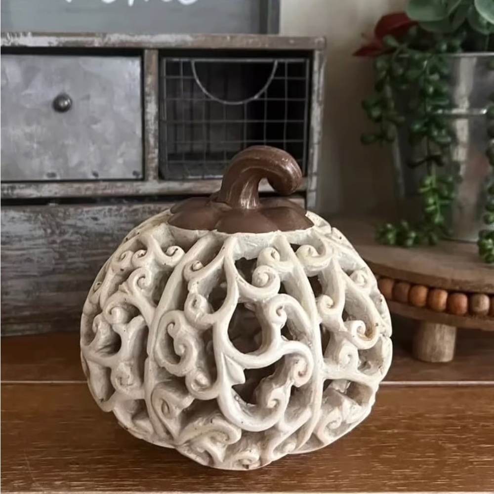 New White Farmhouse Decorative Scroll Pumpkin